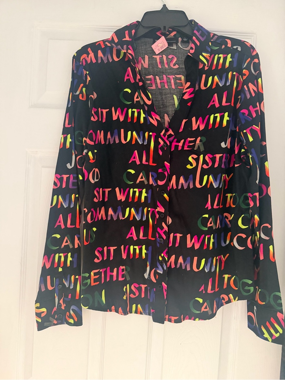 New York & Company Black Button-Up Shirt with Multicolor Neon Lettering